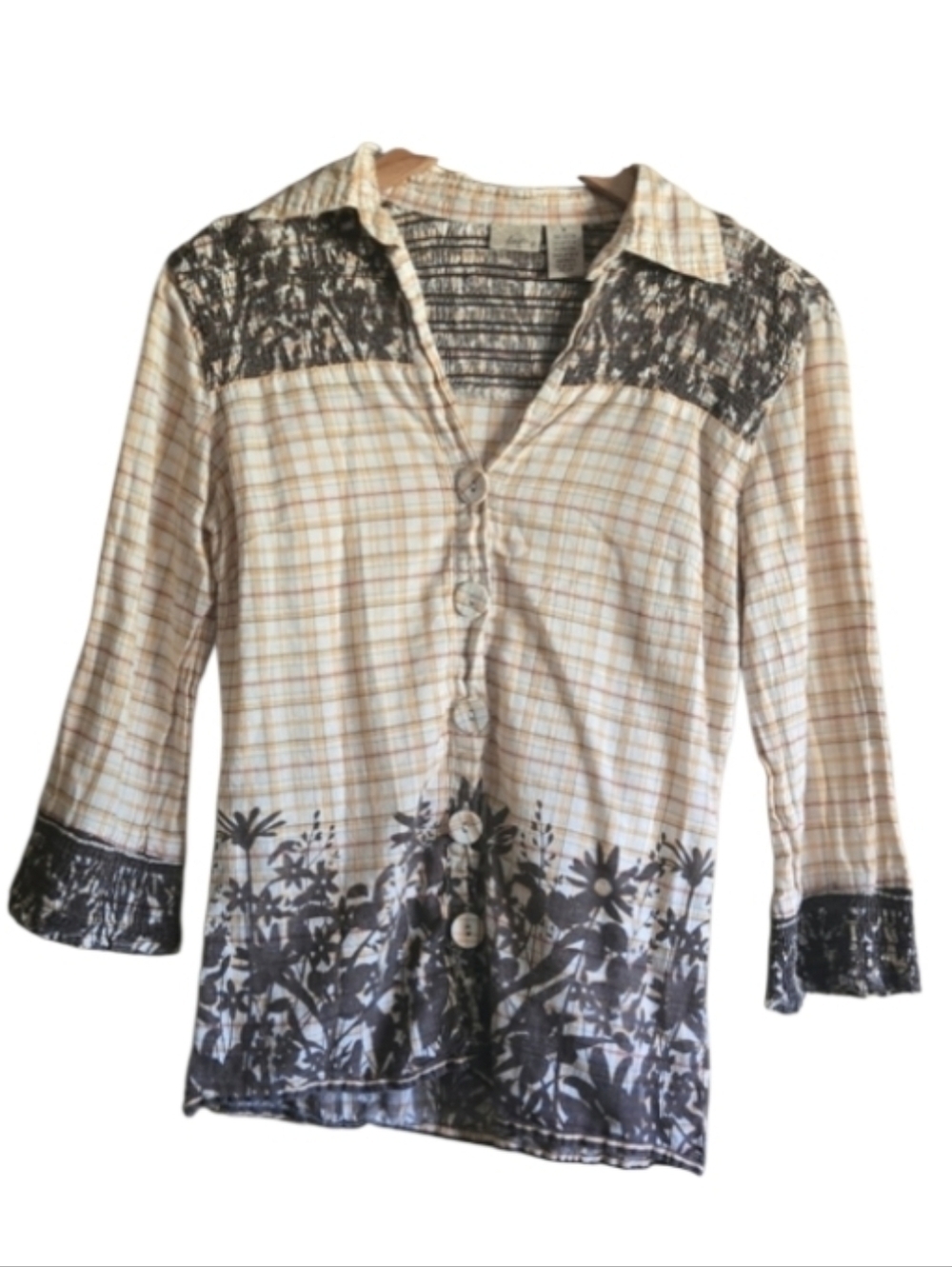 Daytrip Vintage Style Plaid Floral Buttoned Down Shirt